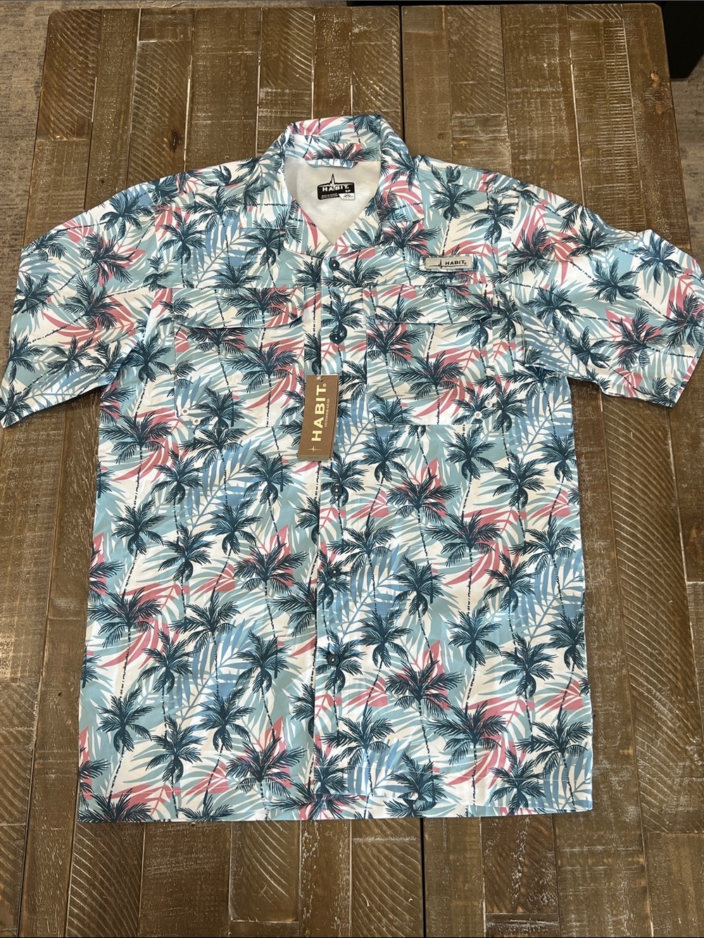 Habit Men’s Short-Sleeve Palm Print Button-Down Shirt - Blue/White/Pink